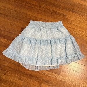 Altar'd State Floral Tiered Mini Skirt Womens L Blue White Elastic Waist